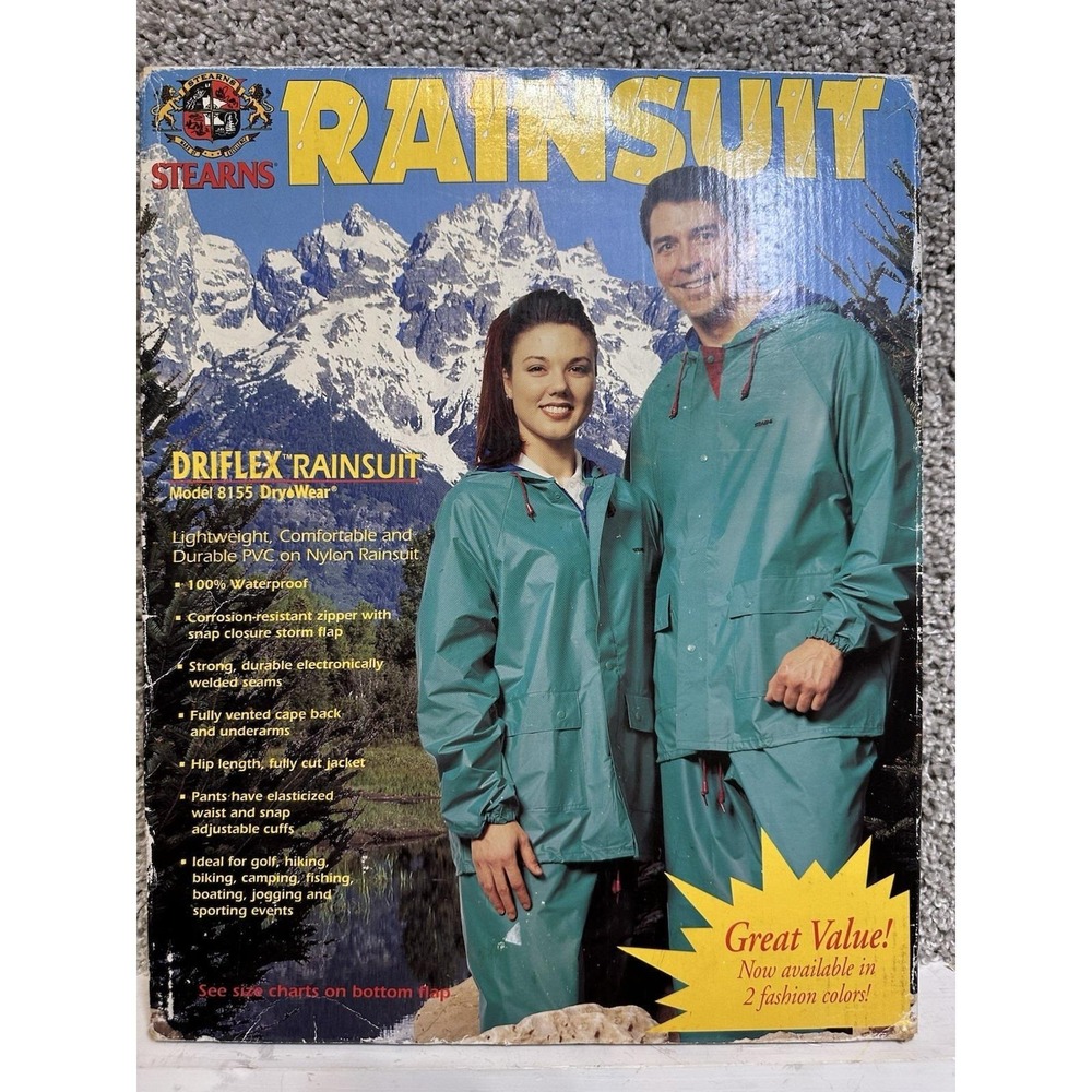 Vintage Stearns Dry Wear Driflex Rainsuit Model 8155 Jade Green Large NOS